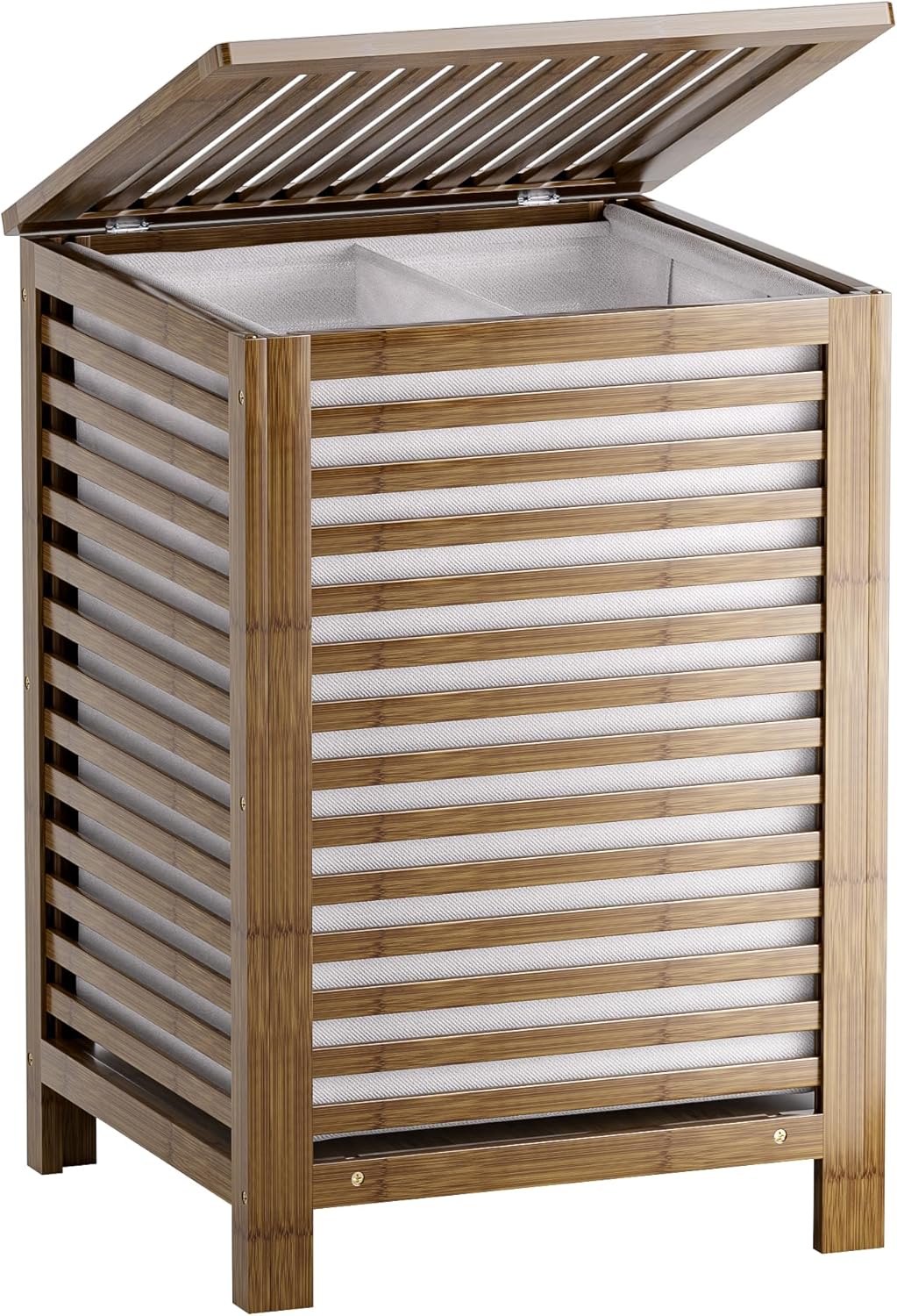 Room Divider Bamboo - Double Laundry Hamper with Lid, 120L