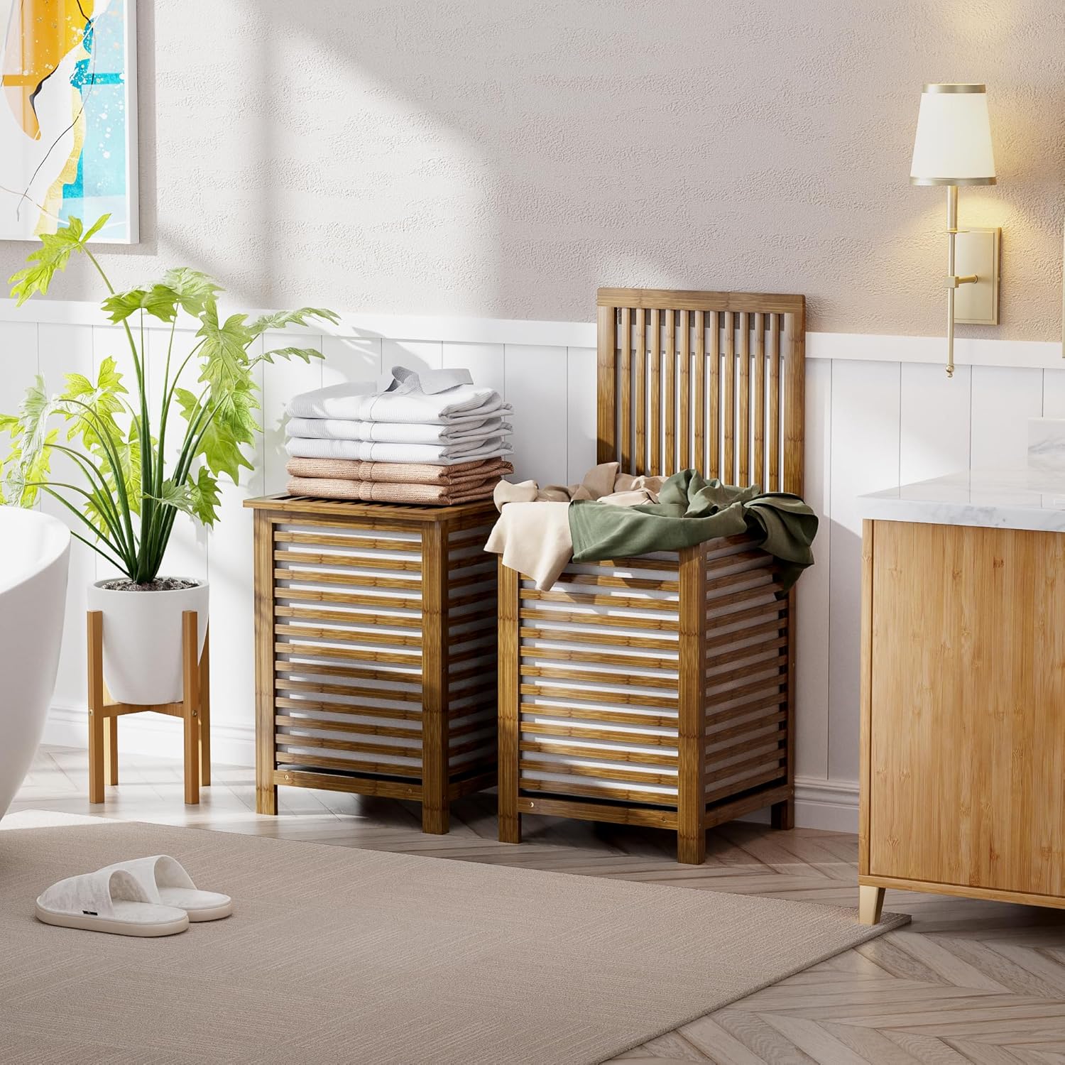 Double Laundry Hamper with Lid - đánh giá và giá Room Divider Bamboo