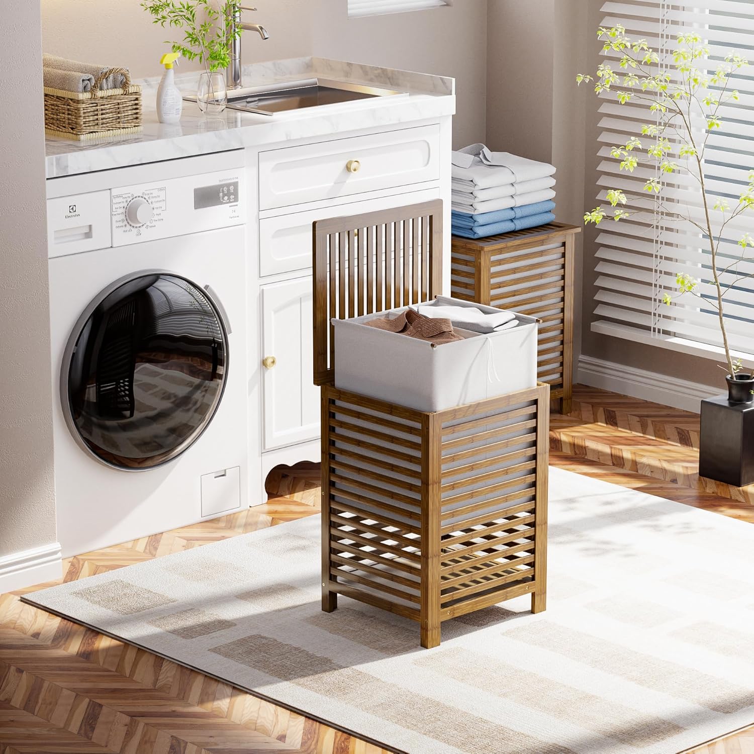 Double Laundry Hamper with Lid - đánh giá và giá Room Divider Bamboo